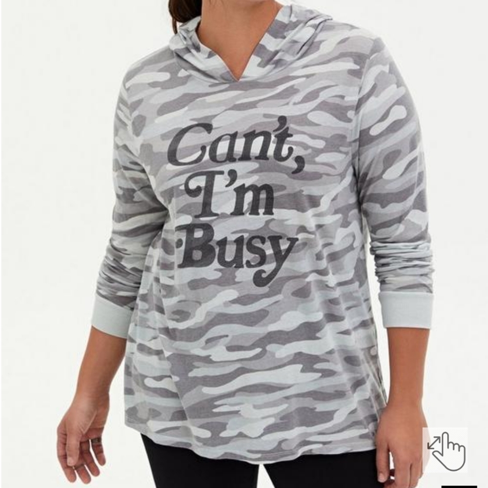 Size 00 Medium Torrid Can't I'm Busy Grey Camo Triblend Hoodie women's top shirt
